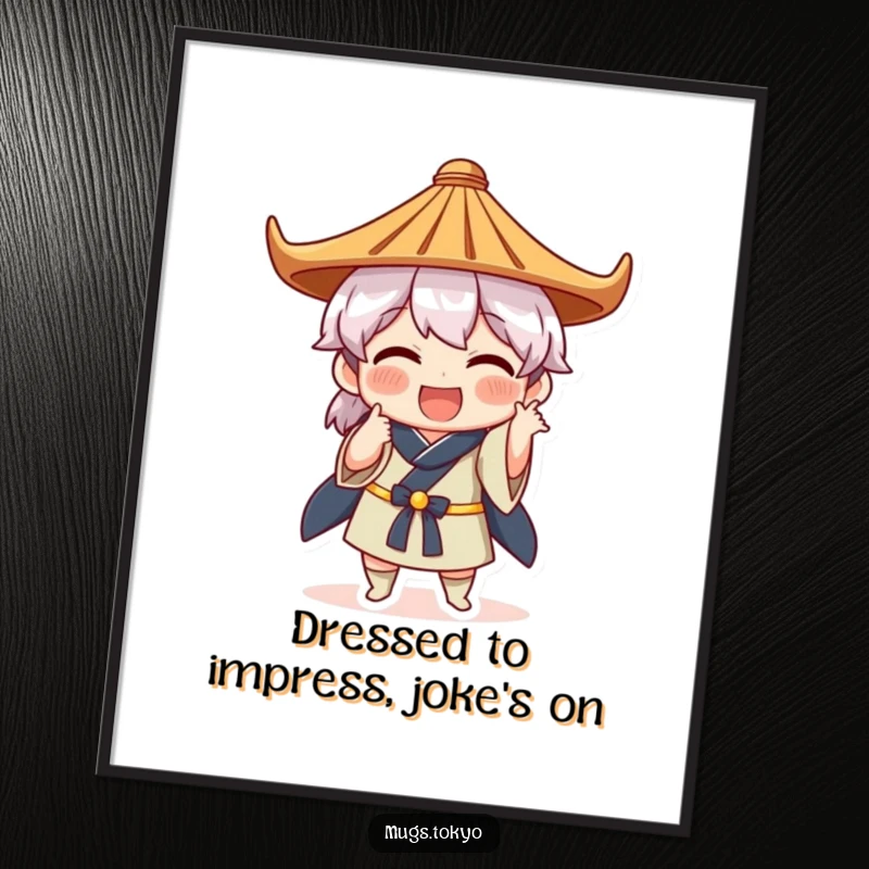 Funny Free Printable Wall Art: A character wearing a traditional Japanese hat strikes a comically amusing pose.