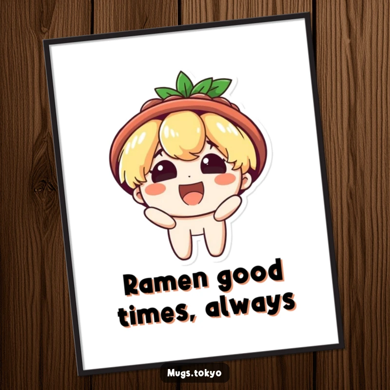 Funny Free Printable Wall Art: Character Wearing a Ramen Bowl as a Hat, Beaming Brightly