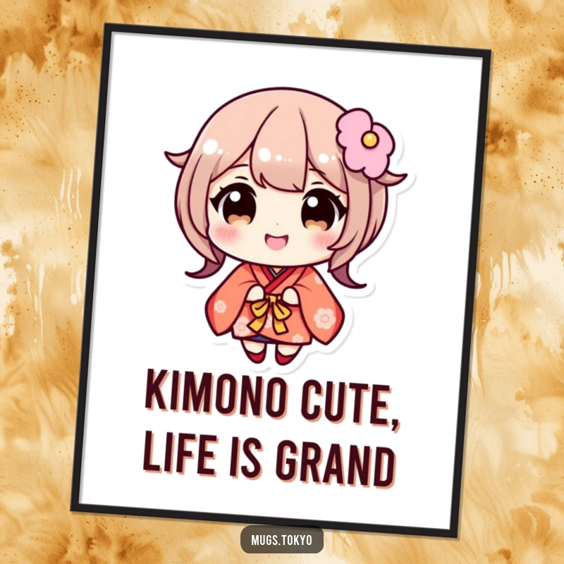Funny Free Printable Wall Art: Cute Kimono Character with Enormous Eyes, Radiating Joy