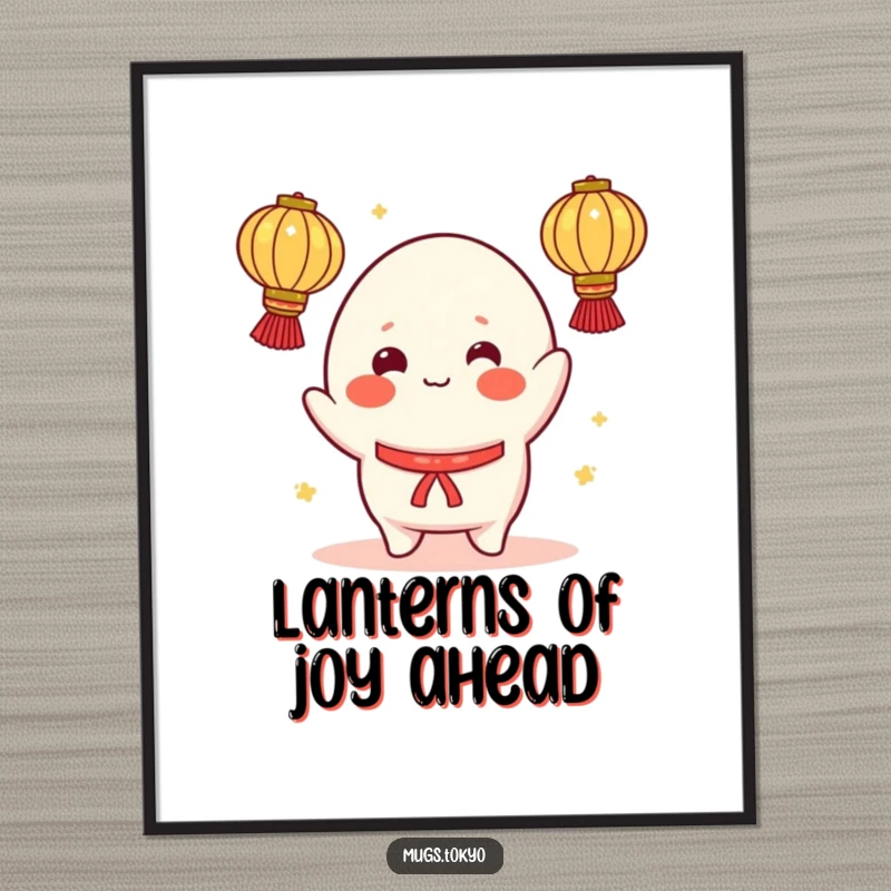 Funny Free Printable Wall Art: A cheerful mochi character with rosy cheeks is hilariously attempting to juggle multiple glowing lanterns.