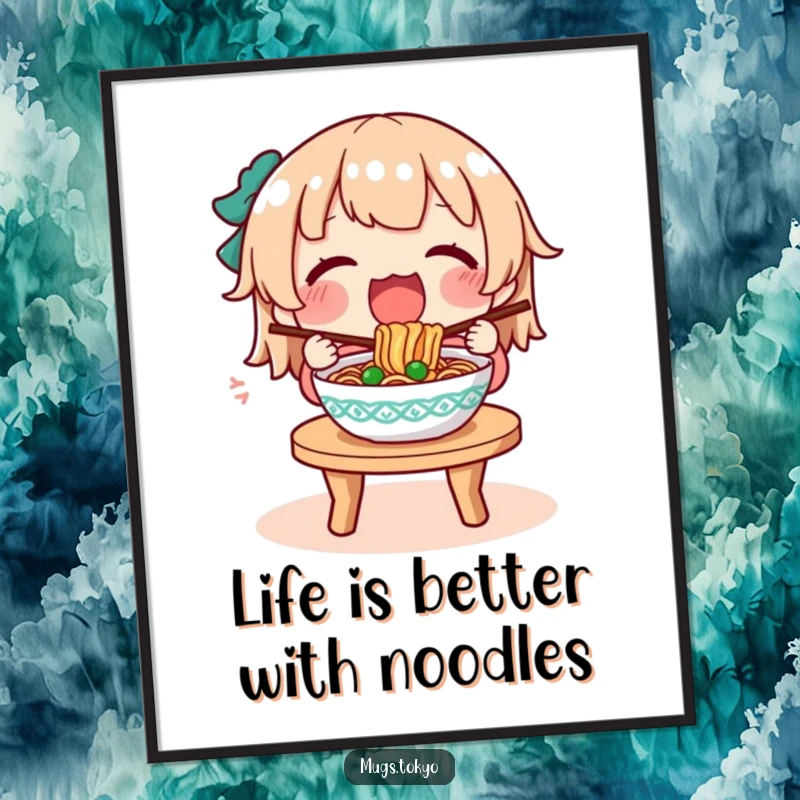 Funny Free Printable Wall Art: A character enthusiastically devours a steaming bowl of noodles at a small table, a heartwarming food illustration.