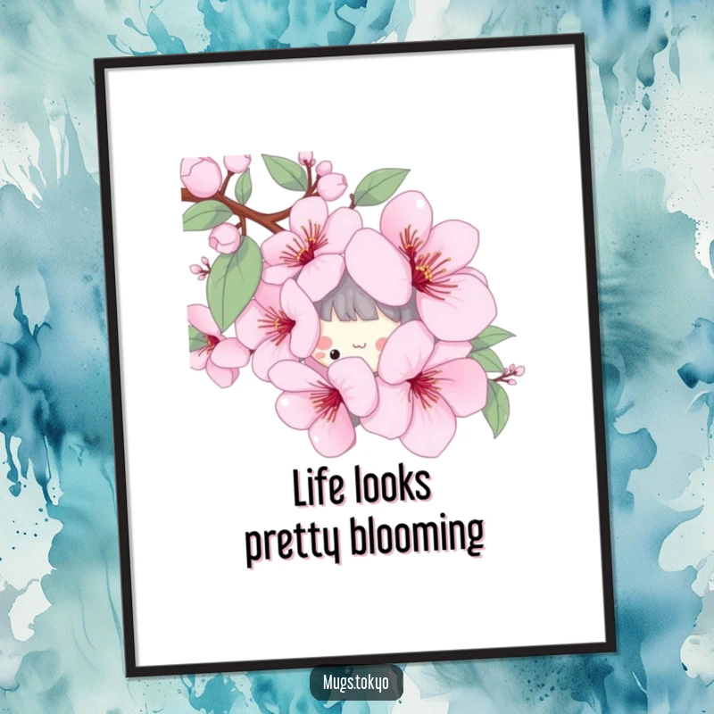 Funny Free Printable Wall Art: Cute character playfully peeking out from behind a large, artistic cherry blossom.