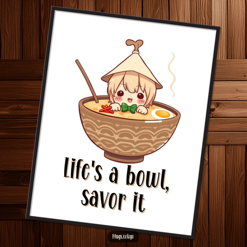 Funny Free Printable Wall Art: A character wearing a tiny paper hat peeks out from a steaming ramen bowl.