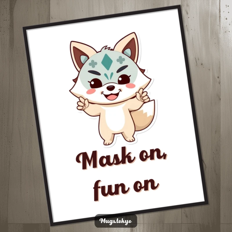 Funny Free Printable Wall Art: A character striking a dynamic pose while wearing a joyful, ornate Kitsune mask, exuding playful charm.
