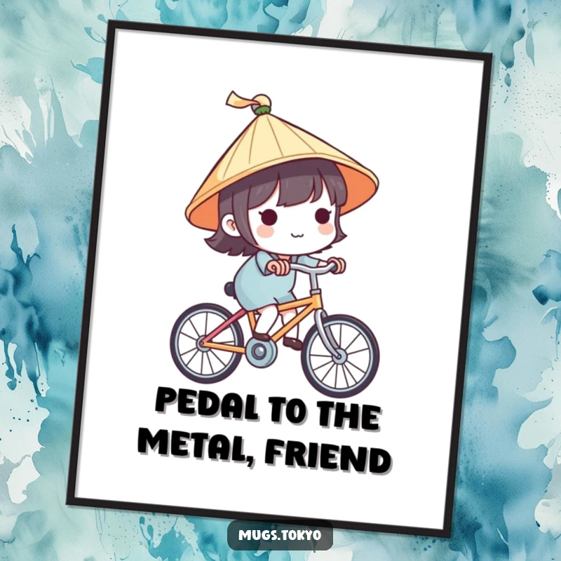 Cute free printable wall art of a character in a traditional Japanese hat happily riding a bicycle, perfect for whimsical decor.