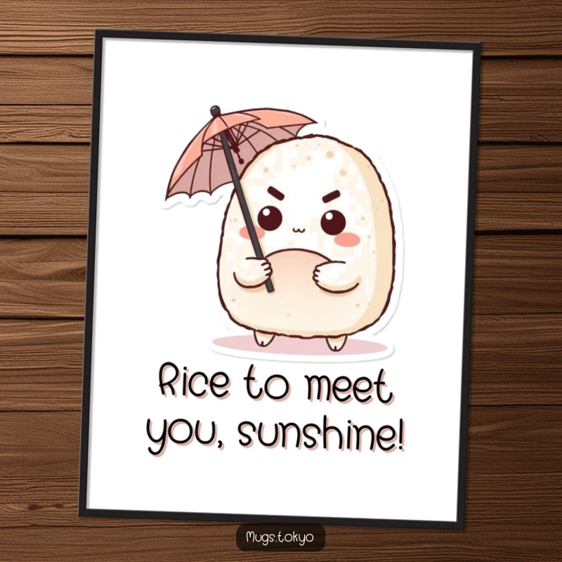 Funny Free Printable Wall Art showcasing a cute onigiri character with a determined expression, bravely holding a miniature umbrella.