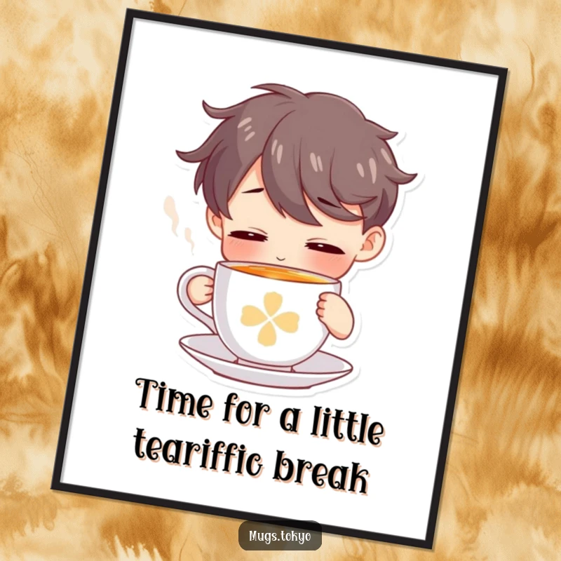 Funny Free Printable Wall Art: Charming character peacefully sipping from a tiny, steaming tea cup, radiating calm and whimsical humor.