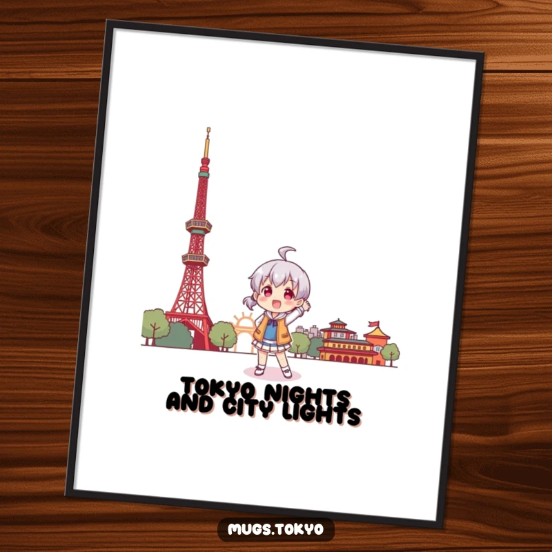 Funny Free Printable Wall Art: A character poses playfully in front of a stylized Tokyo Tower, capturing the excitement of the city.