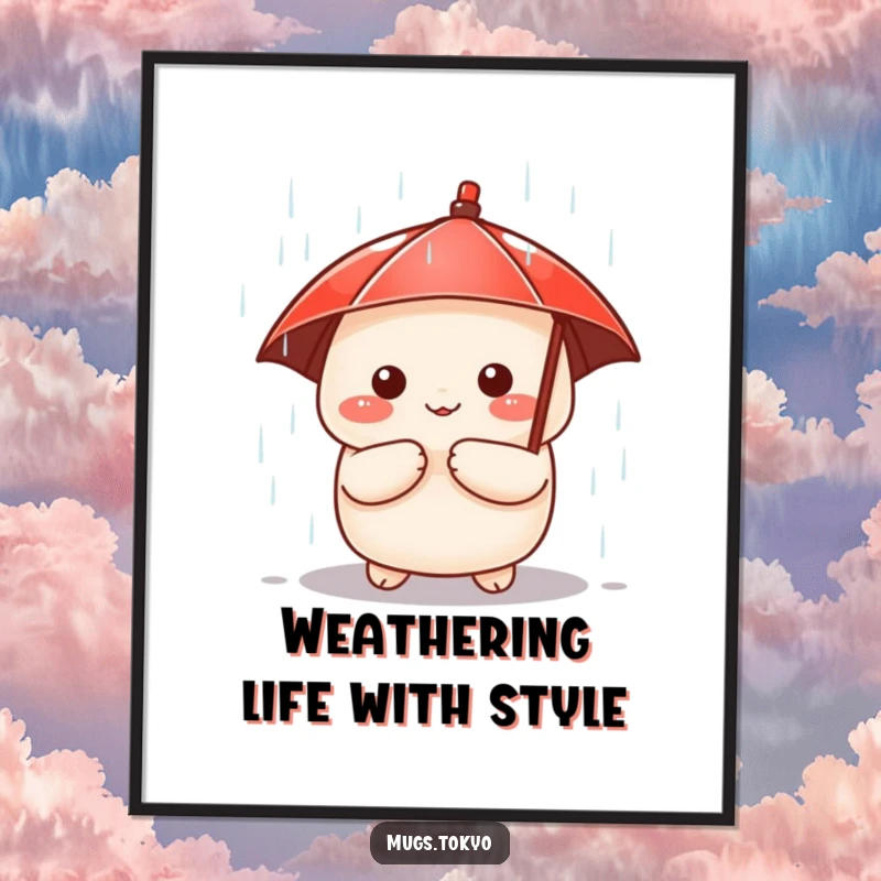 Funny Free Printable Wall Art: A cute dumpling character holding a tiny red umbrella peeks out from a heavy rain shower.