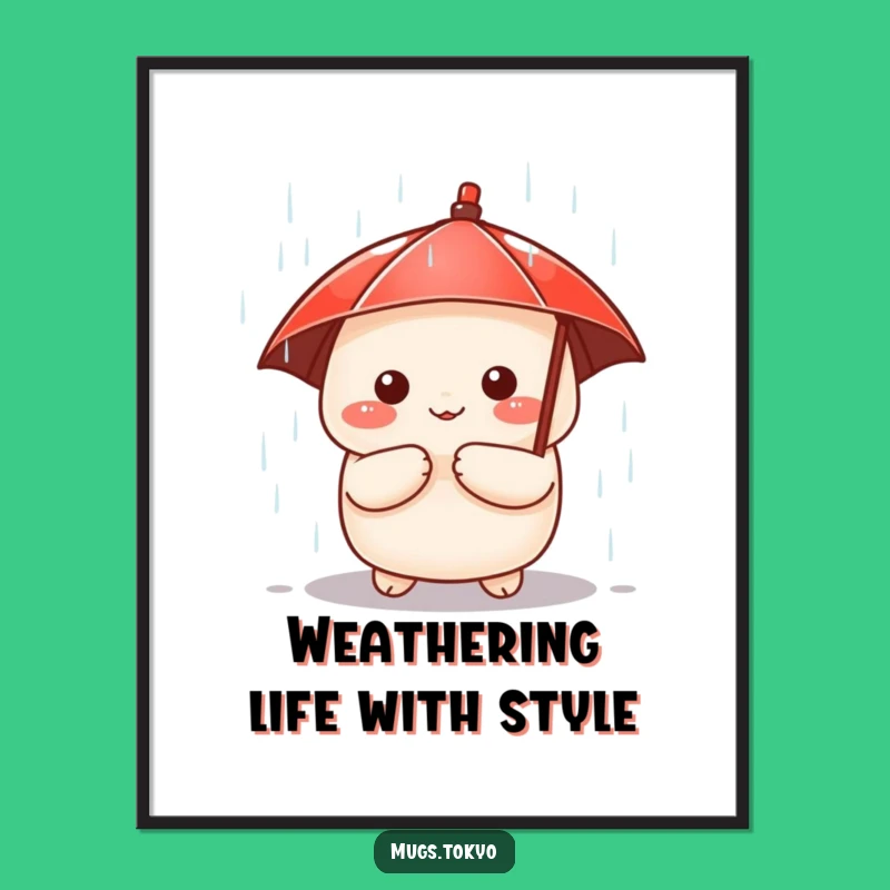 Funny Free Printable Wall Art: Dumpling Under Umbrella in Rain, Quirky Downloadable