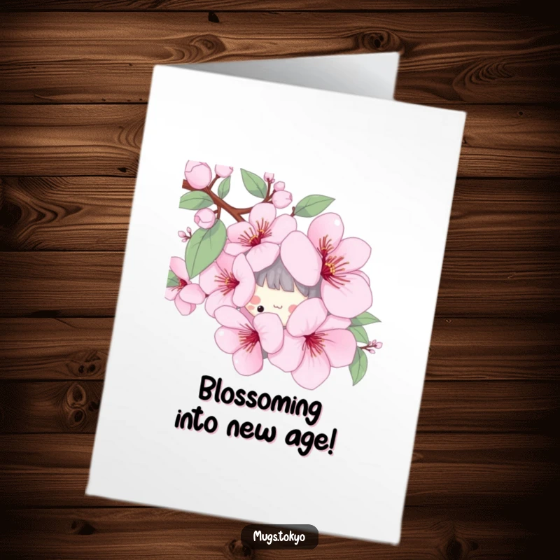 Funny Free Printable Birthday Card: Playful character peeking from behind a large, stylized cherry blossom, offering birthday greetings.