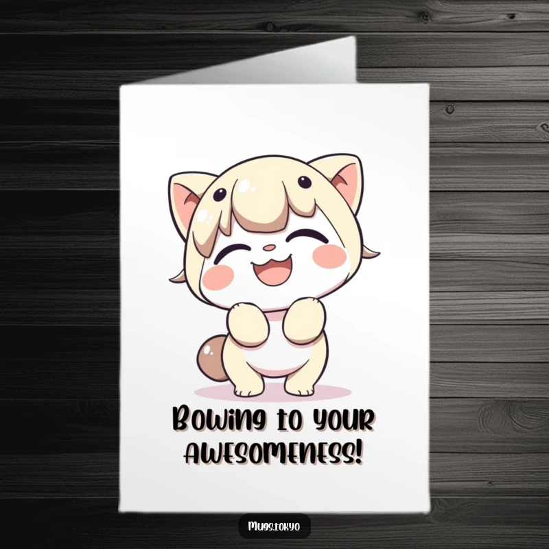 Funny Free Printable Birthday Card: Character cheerfully bowing deeply with a wide, infectious grin, showing great respect.