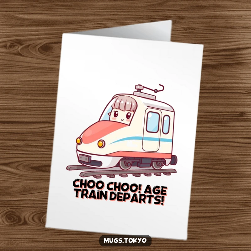 Funny Free Printable Birthday Card: Character joyfully riding a miniature bullet train, zooming towards a celebration.