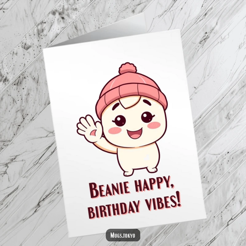 Funny Free Printable Birthday Card: Smiling Beanie Character Waving Hello with Joy