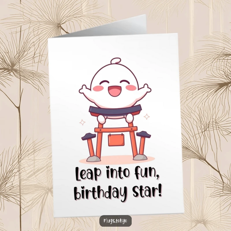 Funny Free Printable Birthday Card with a bouncy dango character grinning widely as it leaps over a miniature shrine gate.