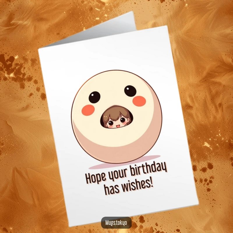 Funny Free Printable Birthday Card: Character playfully peeking from behind a large, auspicious Daruma doll with a curious expression.