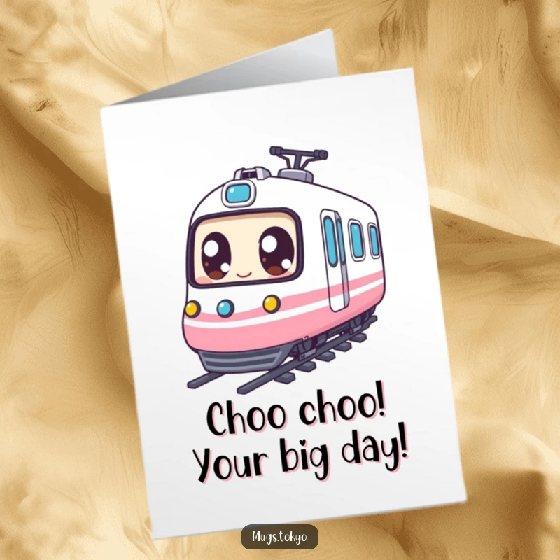Funny Free Printable Birthday Card featuring a character with big eyes joyfully riding a tiny bullet train, ready for celebration.