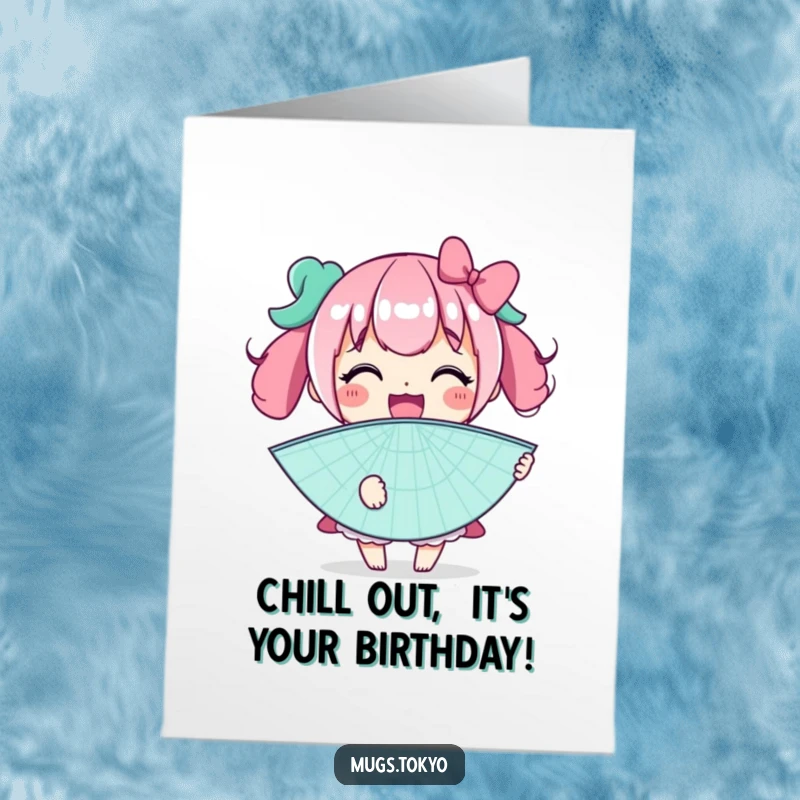 Funny Free Printable Birthday Card: Smiling character wielding a huge novelty fan, ready to blow out candles. A cool DIY gift.