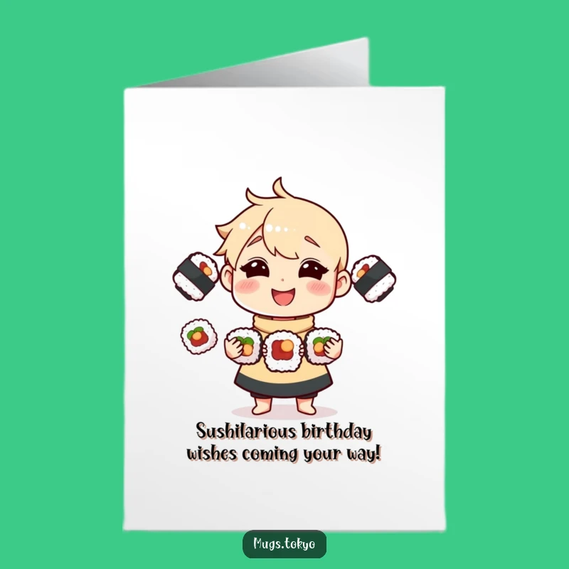 Free Printable Birthday Card: Funny Sushi Juggling Character Downloadable Gift