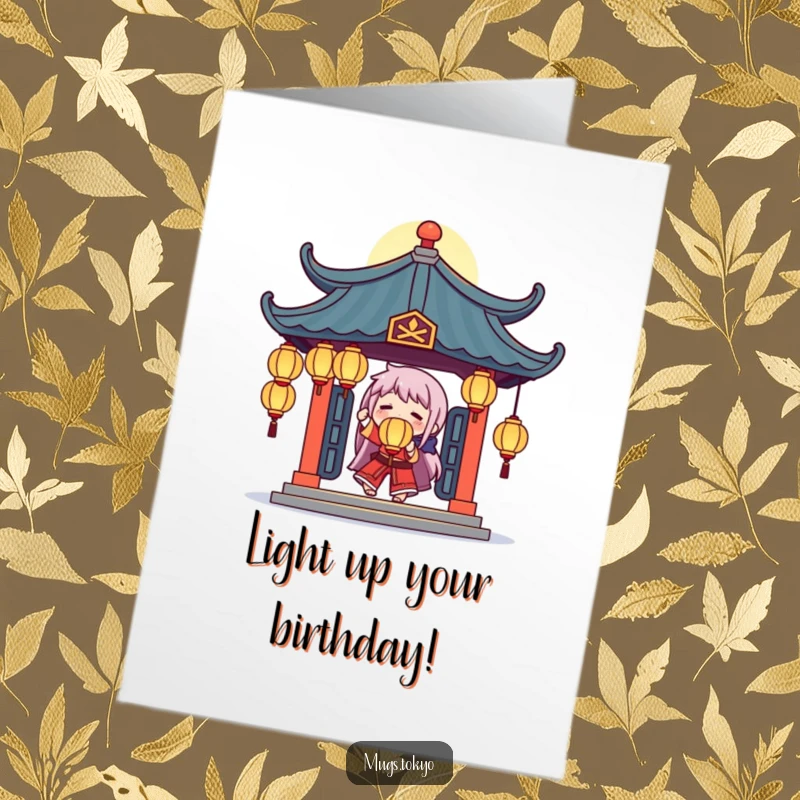 Funny Free Printable Birthday Card: a character juggling glowing lanterns under a temple roof, celebrating a special day.