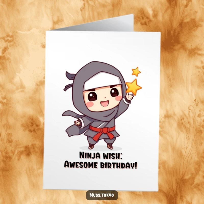 Funny Free Printable Birthday Card showing a grinning ninja playfully tossing a star, ready for a surprise celebration.