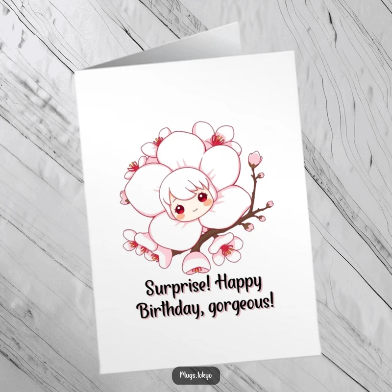 Funny Free Printable Birthday Card: Playful character peeking shyly from behind a large cherry blossom. A cute DIY gift.