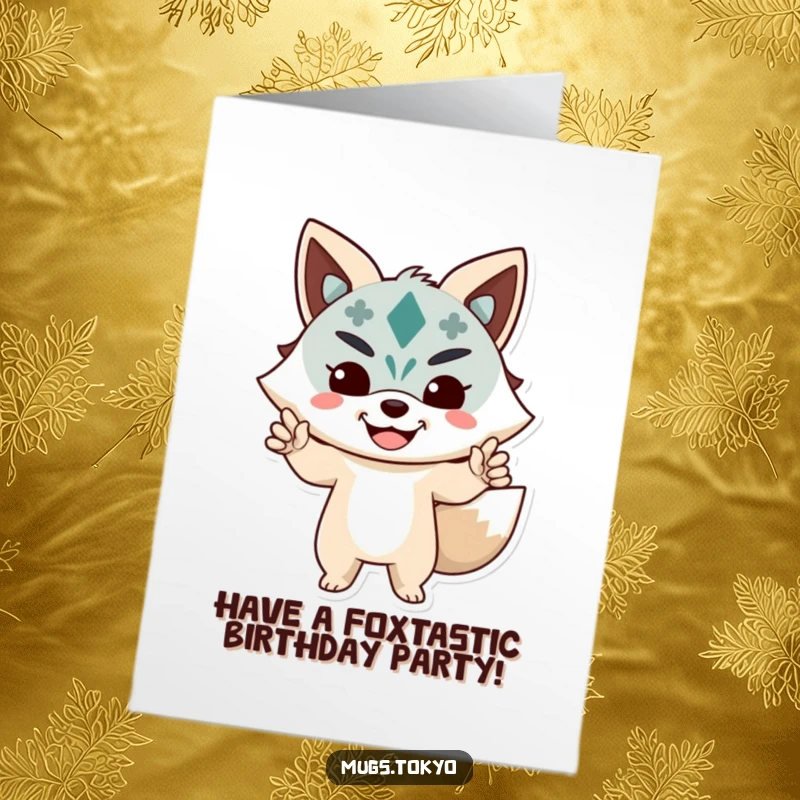 Funny Free Printable Birthday Card: Character in a smiling Kitsune mask striking a mischievous, happy pose, full of festive energy.