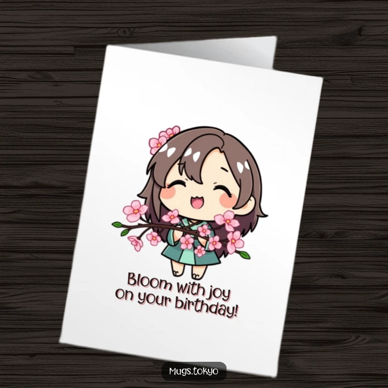 Funny Free Printable Birthday Card: A smiling character joyfully holds a delicate cherry blossom branch, ready to deliver birthday cheer.