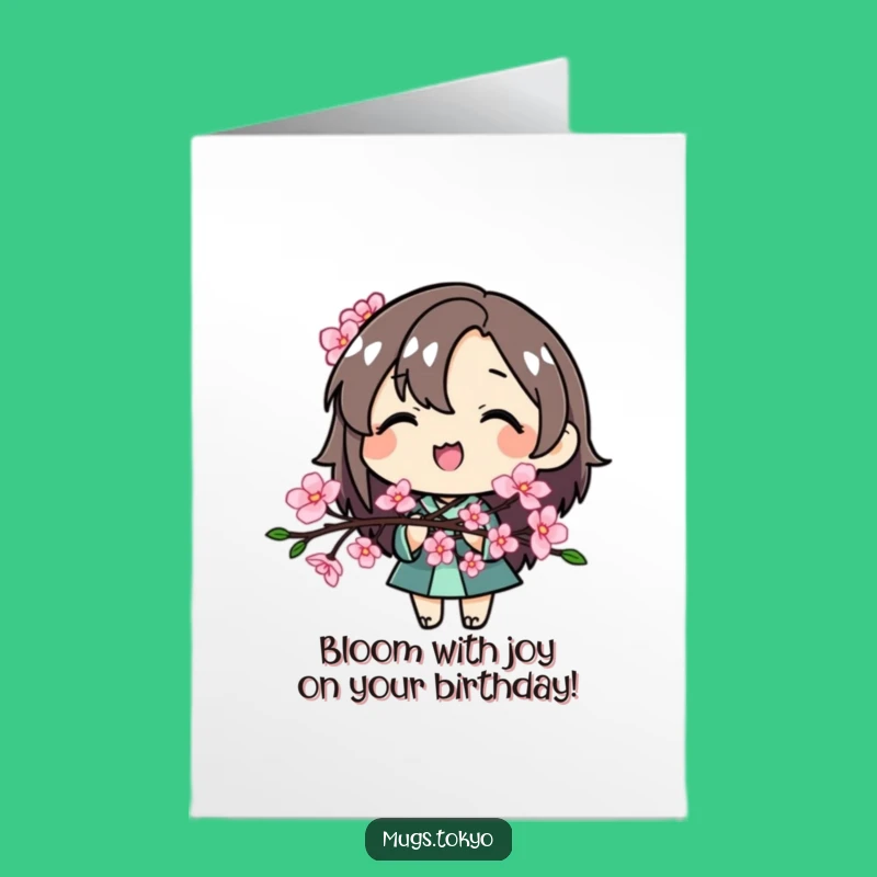 Free Printable Birthday Card: Smiling Cherry Blossom Character Fun Downloadable Gift