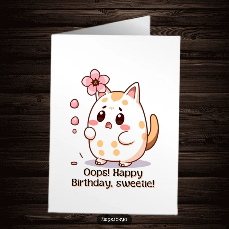 Funny Free Printable Birthday Card: A surprised taiyaki with a wagging tail narrowly dodges a falling cherry blossom.