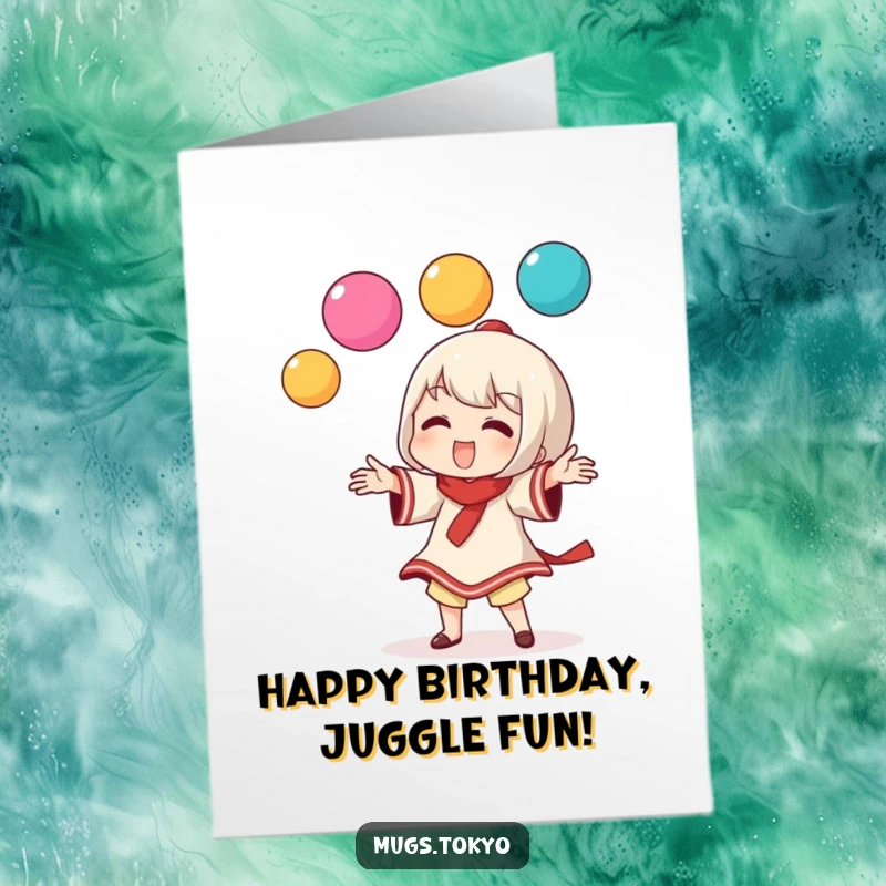 Funny Free Printable Birthday Card: A character hilariously juggling three colorful dango balls with concentration.