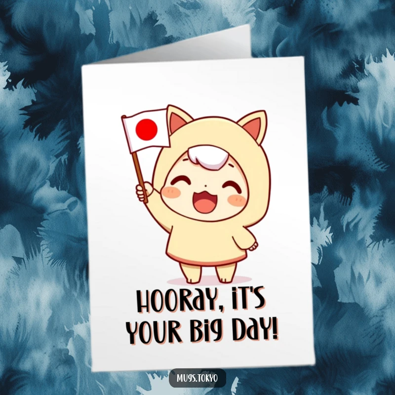 Funny Free Printable Birthday Card: Character enthusiastically waves a tiny Japanese flag, celebrating joyfully.