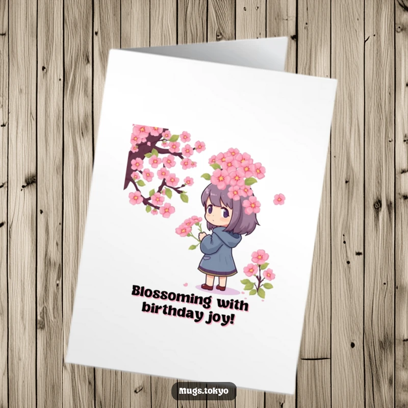 Funny Free Printable Birthday Card: Character gazing in wonder at a huge, brightly colored pixelated cherry blossom bouquet.