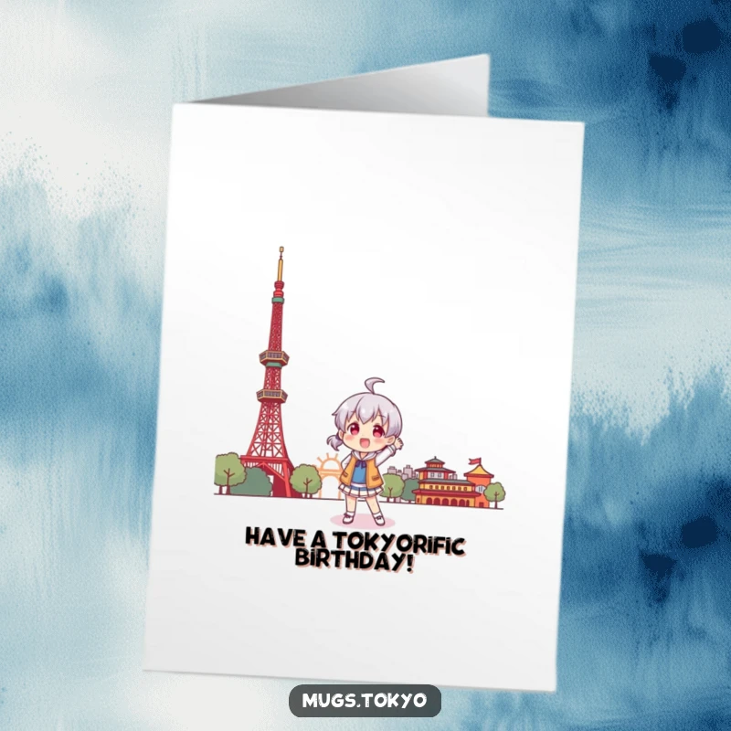 Funny Free Printable Birthday Card: A character cheerfully poses playfully before a stylized Tokyo Tower, ready for a birthday adventure.