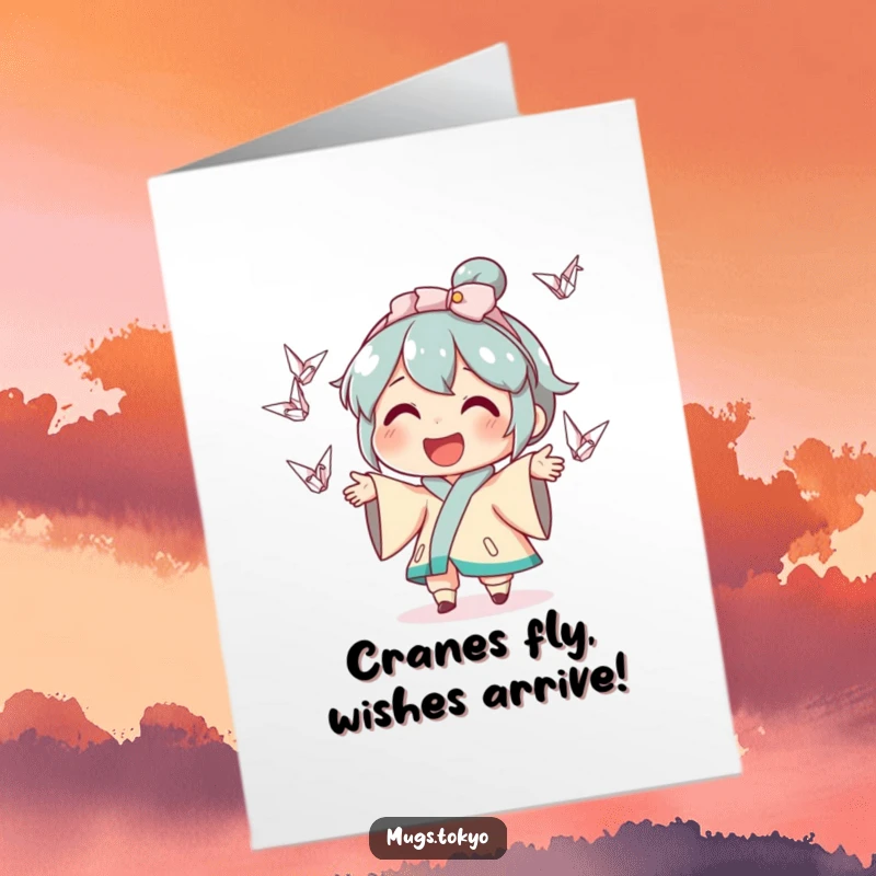 Funny Free Printable Birthday Card featuring a cheerful character juggling small origami cranes with a massive grin.