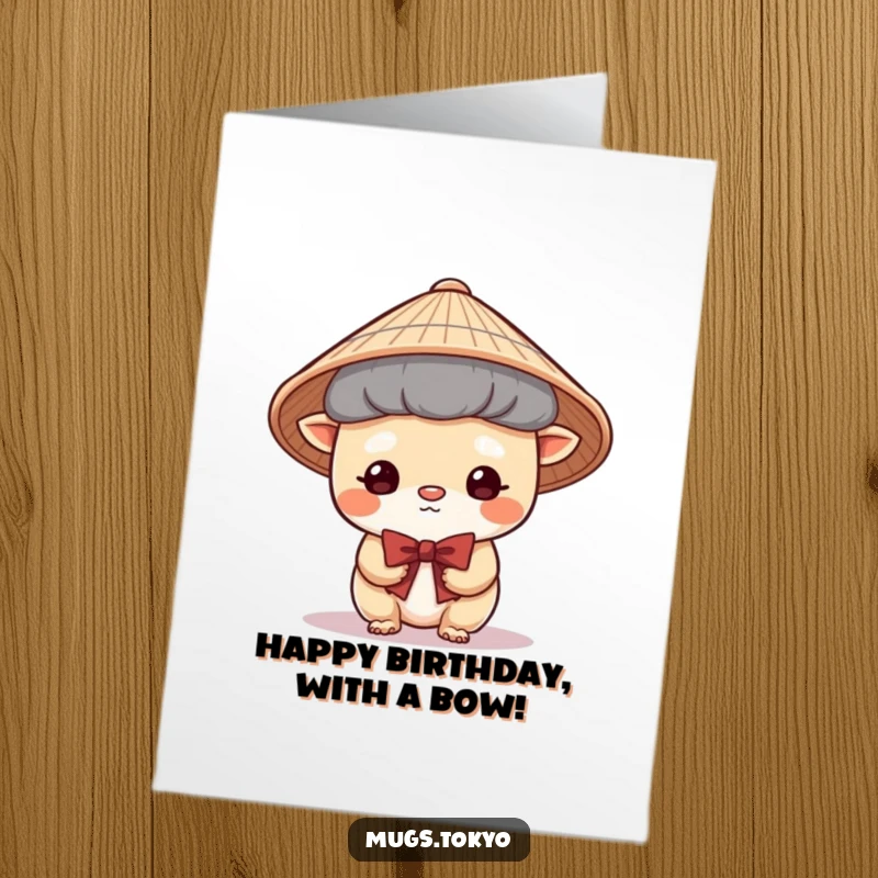 Funny Free Printable Birthday Card: A cute creature in a Japanese hat bows shyly, offering birthday wishes.