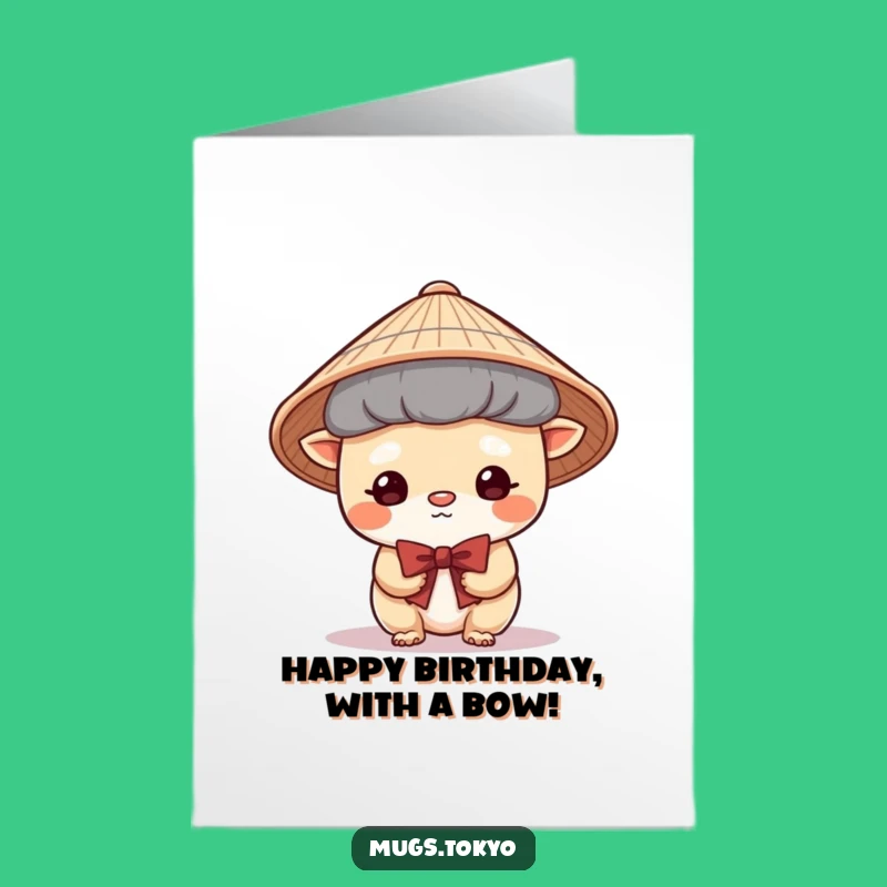 Free Printable Birthday Card Cute Japanese Hat Creature Shy Bow Downloadable