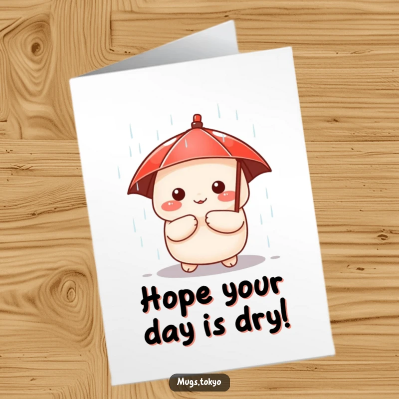 Funny Free Printable Birthday Card: A cute dumpling character with a tiny red umbrella peeks out from a heavy rain shower.