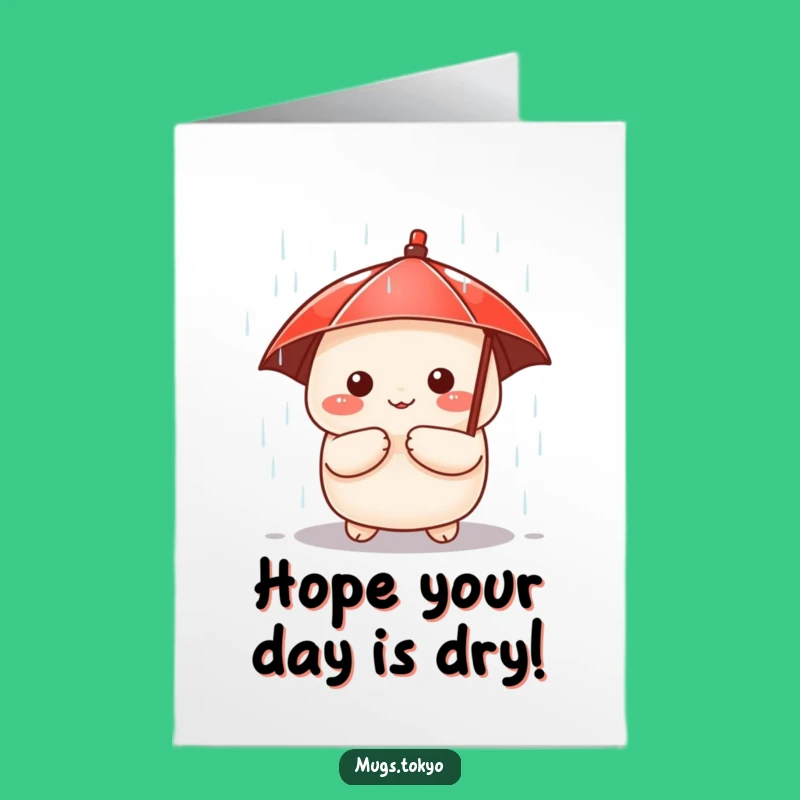 Free Printable Birthday Card: Dumpling Under Umbrella in Rain, Funny Downloadable Gift