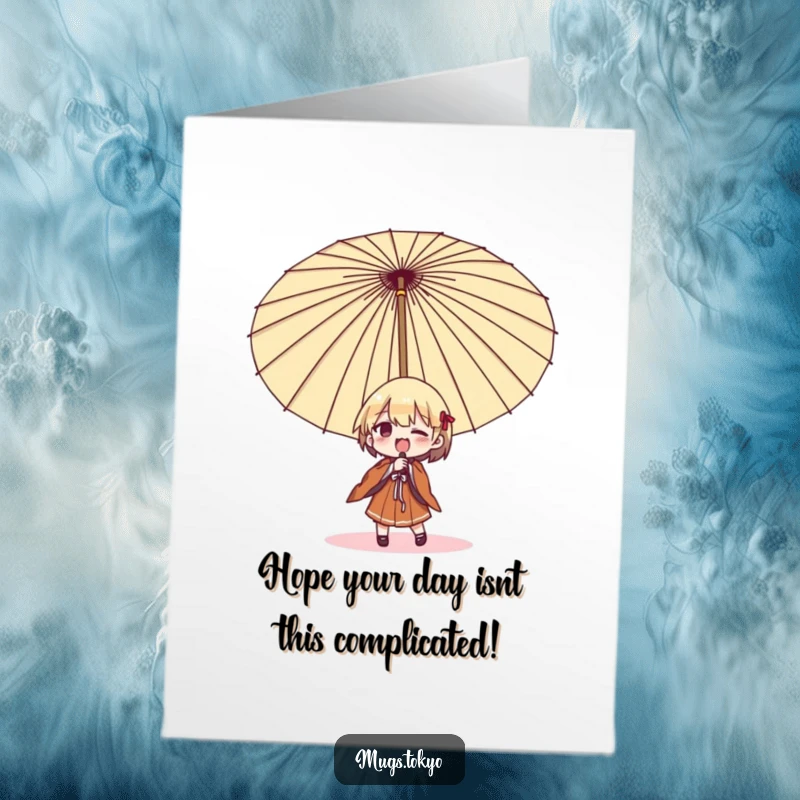 Funny Free Printable Birthday Card: Character struggling comically to open a huge traditional Japanese umbrella, perfect for birthday wishes.