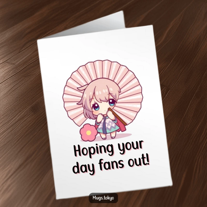 Funny Free Printable Birthday Card: Character playfully hiding behind a large, colorful fan decoration, peeking out with a mischievous grin.