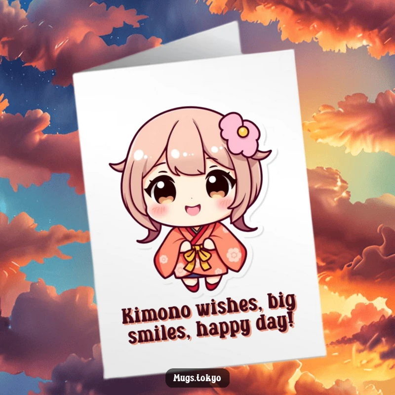 Funny Free Printable Birthday Card: Beaming Kimono Girl with Big Eyes, Sending Joyful Wishes