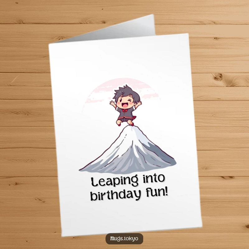 Funny Free Printable Birthday Card: Character joyfully leaps over a stylized Mount Fuji, embodying celebration and achievement.