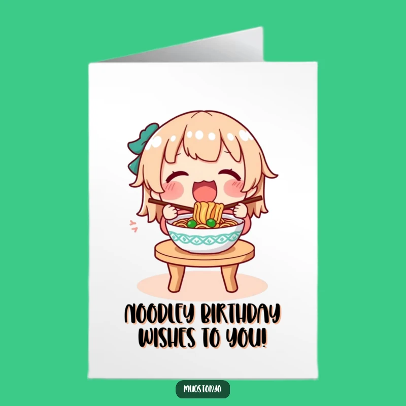 Free Printable Noodle Lover Birthday Card: Character Enjoys Delicious Bowl - Print at Home!