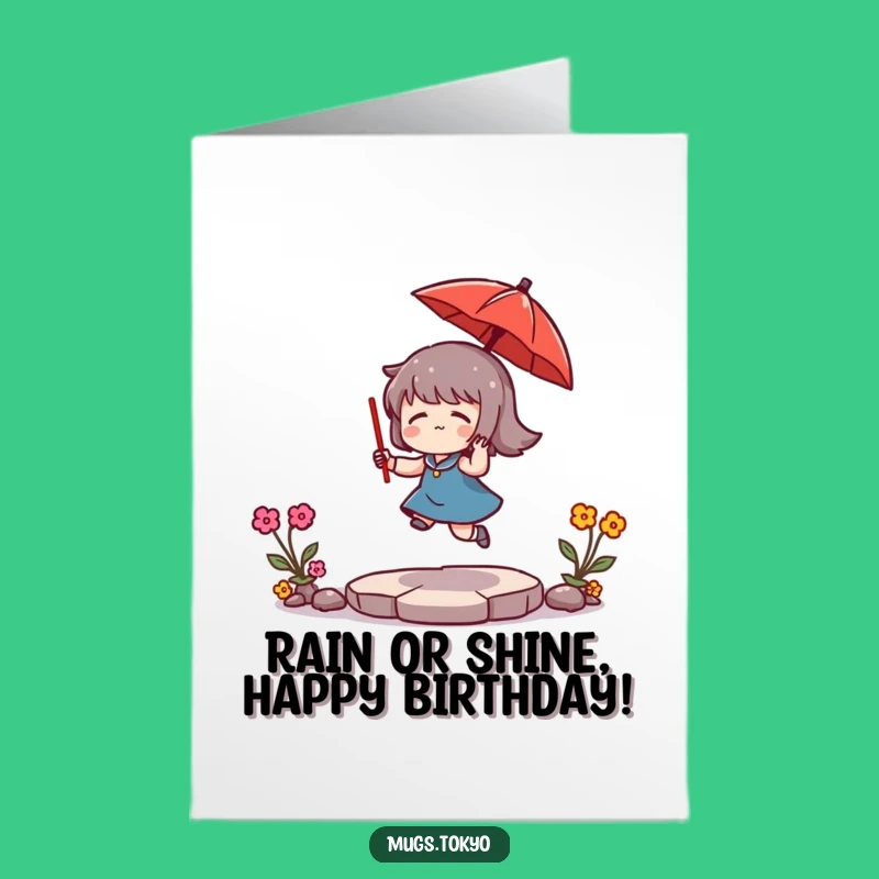 Free Printable Funny Birthday Card: Umbrella Bouncing Character - Downloadable Fun