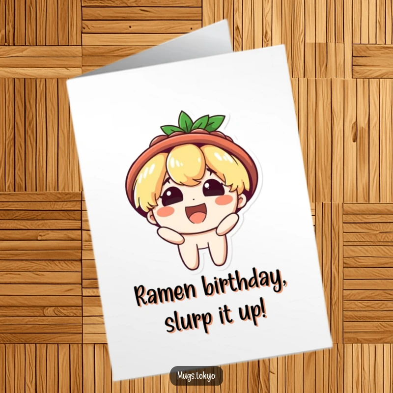 Funny Free Printable Birthday Card: Character with Ramen Bowl Hat Beaming with Delight