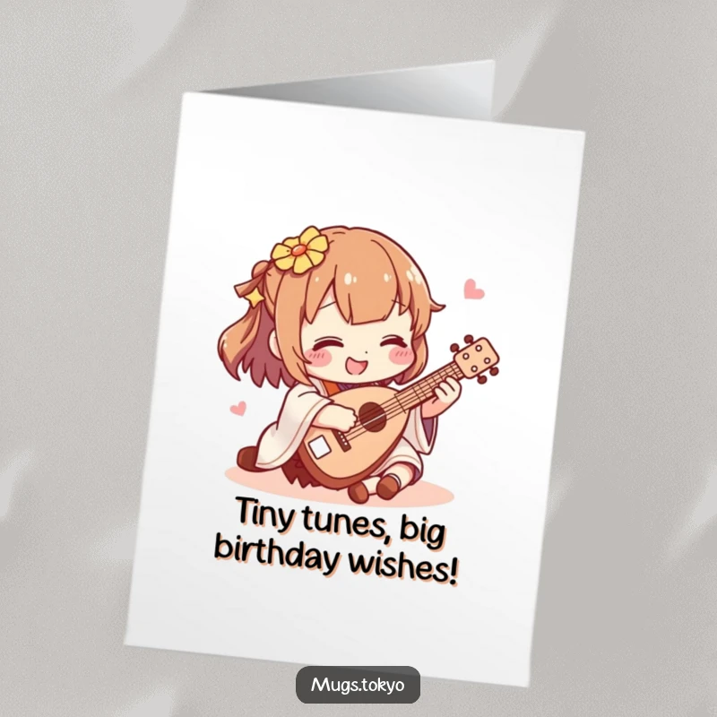 Funny Free Printable Birthday Card: Character joyfully strumming a tiny shamisen, ready to send musical birthday wishes.