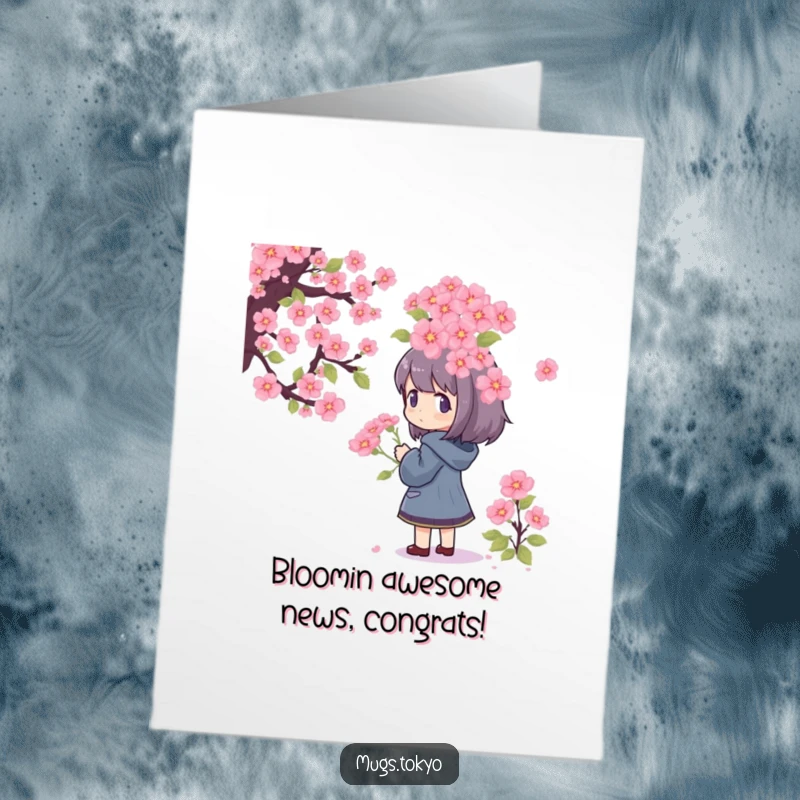 Funny Free Printable Congratulations Card: Character admiring a massive pixelated cherry blossom bouquet, symbolizing new growth.