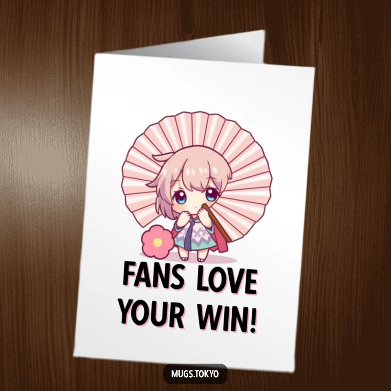Funny Free Printable Congratulations Card: Character playfully hiding behind a large fan, peeking out to celebrate success.