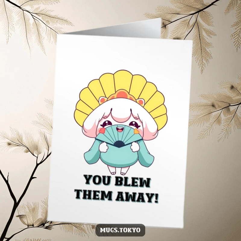 Funny Free Printable Congrats Card: Character beaming while holding open an enormous novelty fan, celebrating big news.